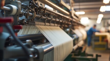 Naklejka premium Textile manufacturing factory. Workers operating machinery and inspecting fabrics. Emphasizing quality control and efficiency in textile production. Ideal for textile industry features.