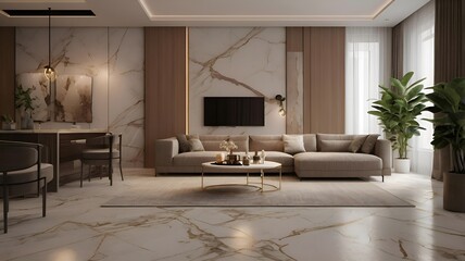 Minimalist Modern Living Room with a Neutral Palette, Low-Profile Sectional Sofa, and Glass Coffee Table in a Cozy, Sophisticated Setting
