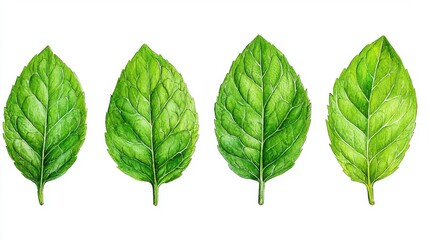 Obraz premium Collection of green leaves showcasing intricate textures arranged in a row on a clean white background