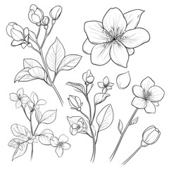 Elegant Line Art Botanical Illustration Blooming Jasmine Apple Blossoms Floral Design Elements