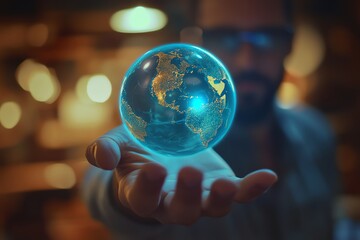 Fototapeta premium A defocused businessman holds a shiny blue globe highlighting Brazil, with vibrant blue line effects, conveying global business and innovation.