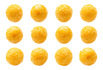 Collection set of yellow cheese balls isolated on transparent or white background, top view, flat lay, png