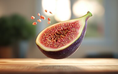 Fresh fig sliced open to reveal its juicy interior, floating over a softly blurred wooden cutting board