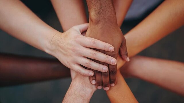 Diverse join hands united in solidarity, symbolizing teamwork and inclusion.