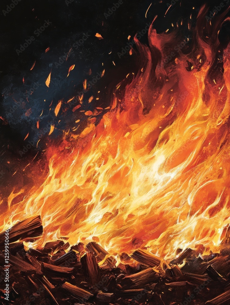 Poster close-up of the flames from an open fire, capturing their dynamic and intense nature. the background