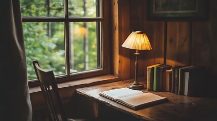A easy desktop mood is created by a wooden chair lamp in a cozy house office corner