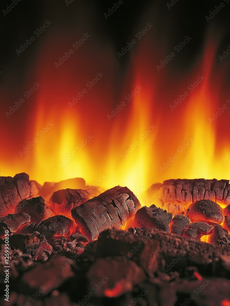 Poster close-up of the flames from an open fire, capturing their dynamic and intense nature. the background