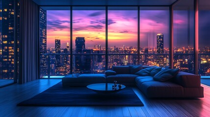 Fototapeta premium A fashionable and cozy loft living area with a breathtaking view of the city cityscape Roomy