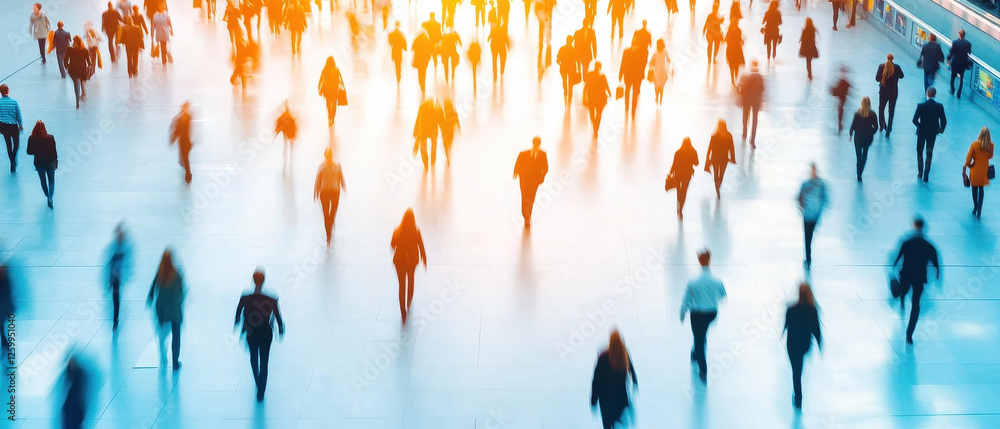 Poster high speed train station with blurred crowd of commuters moving energetically, creating vibrant atmo