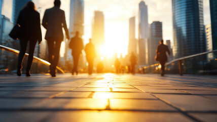 bustling city sidewalk at sunset with professionals walking, creating vibrant atmosphere