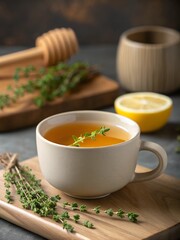 Ceramic Cup of Golden Thyme Tea Surrounded by Fresh Thyme and Lemon on a Rustic Table