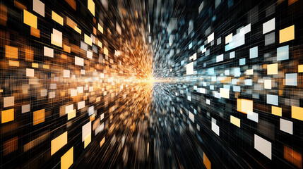 Obraz premium Digital Flow: A dynamic abstract composition featuring a mesmerizing flow of shimmering, glowing, gold, and silver squares converging in a radiant center.