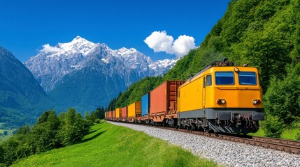 Obraz premium Colorful freight train traveling through lush hills with snow-capped mountains in the background on a sunny day