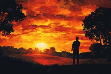Silhouette of a golfer at sunset on a picturesque course