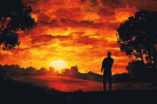 Silhouette of a golfer at sunset on a picturesque course