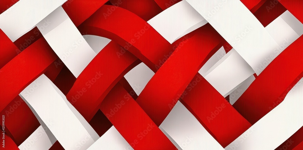 Poster interwoven red and white ribbons creating a visually appealing pattern