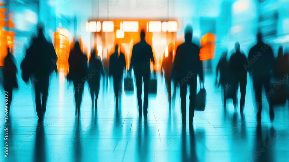Poster blurry silhouettes of commuters walking in modern metro station during rush hour, creating dynamic a