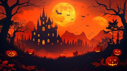 Halloween background, paper art style with layers, castle, house, pumpkin, jack, 