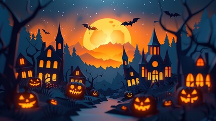 Halloween background, paper art style with layers, castle, house, pumpkin, jack, 