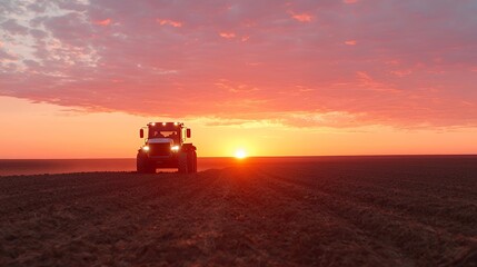 Tractor at sunset on farmland, agriculture work