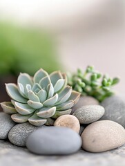 A small succulent plant sits on a bed of rocks