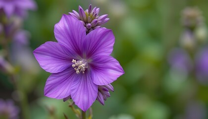 Obraz premium Close-up of a vibrant purple flower with detailed petals and blurred background, showcasing its delicate beauty in nature's garden.
