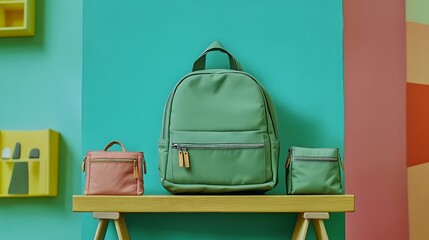 A green backpack with matching smaller pouches displayed on a wooden shelf isolated on a colorful background