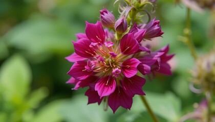 Fototapeta premium Close-up of a vibrant pink flower with delicate petals and a blurred green background, showcasing the intricate details of nature's beauty.