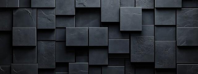Intricate black grids and squares on a dark background. Geometric pattern for banner template with white space in the center for text. Simple modern wallpaper with copy space.