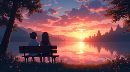 Obraz premium Two People Sitting on a Wooden Bench Watching a Beautiful Sunset Over a Serene Lake.