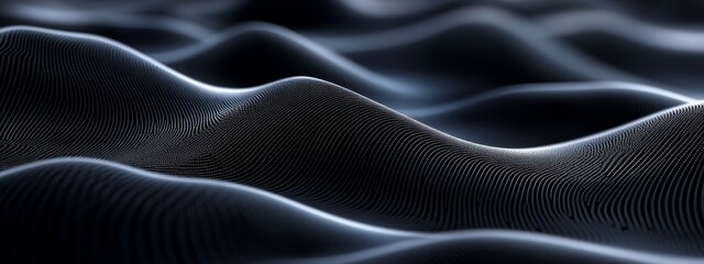 Obraz premium Intricate black waves and curves on a dark backdrop. Geometric pattern for banner template with white space in the center for text. Modern minimalist wallpaper with copy space.