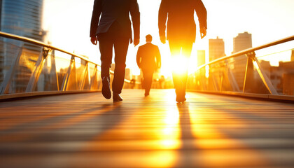 Walking professionals in suits during sunset on city bridge