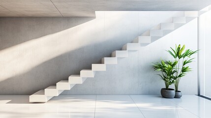 Modern minimalist home interior; stairs, plants, sunlight
