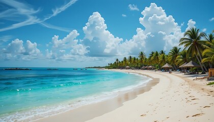 Fototapeta premium Stunning Tropical Beach Paradise: White Sand, Turquoise Water, and Lush Palm Trees