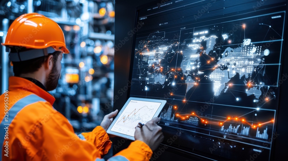 Poster experienced factory worker monitoring digital analytics dashboard on laptop