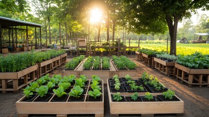 Fototapeta premium Gardening activity in lush farm planting vegetables in nature