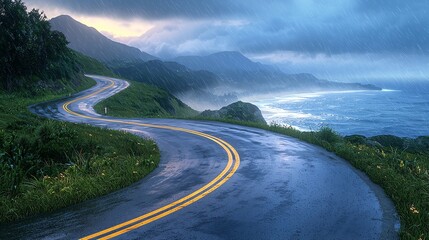 Obraz premium Winding road beside scenic coastal landscape.