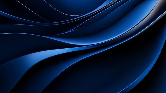 Dynamic Blue curves and lines on a dark background. Geometric design for banner template with white space in the center for text. Modern minimalist wallpaper with copy space.