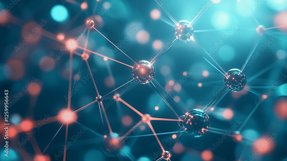 Poster abstract 3d rendering of a complex network of glowing spheres and lines, teal and coral colors, boke