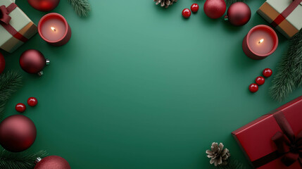 Flat Design Promotional Christmas Banner with Decorative Elements and Green Background