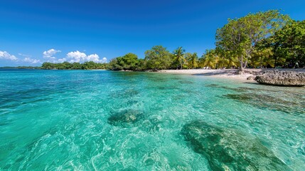 Fototapeta premium Tropical Beach Paradise, Turquoise Water, Sunny Day, Vacation Destination, Print Opportunity