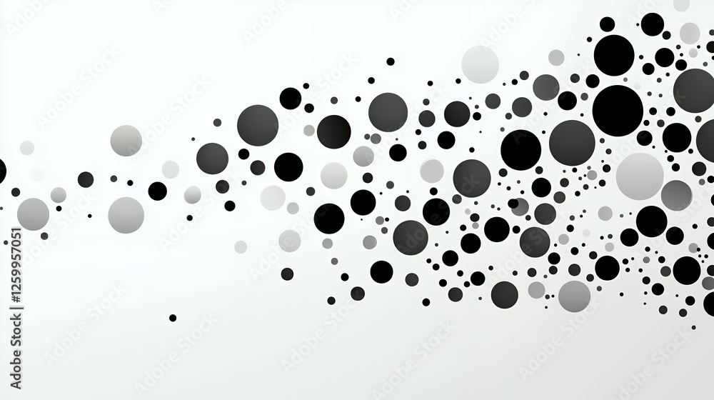 Poster abstract grayscale circles of varying sizes scattered across a white background, concept for modern 