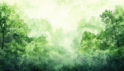 Fototapeta premium Lush green watercolor forest scene with deep greens and soft textures