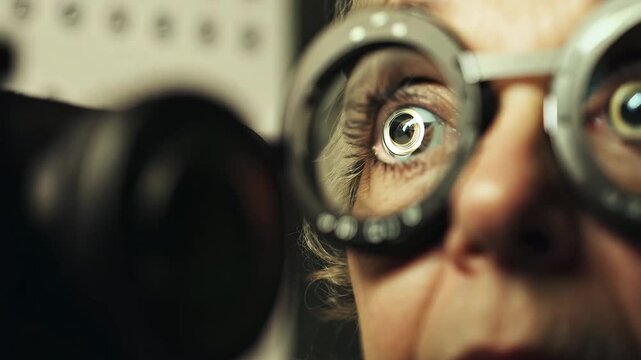 A close-up of an elderly woman wearing trial frames during an eye examination. Her wide, focused eyes and the optometry equipment in the foreground create a dramatic and detailed medical scene