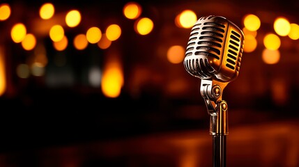 Vintage mic against a blurred background with bokeh lights, music advertisement photograph