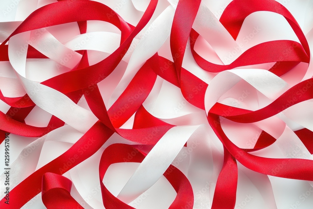 Poster tightly grouped red and white ribbons creating abstract patterns