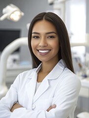 Female portrait of smiling dentist doctor on background of dental office. Dental health and hygiene concept.