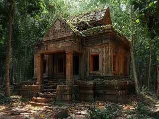 Fototapeta premium Overgrown temple ruins in jungle, sunlight filters through trees; travel, history