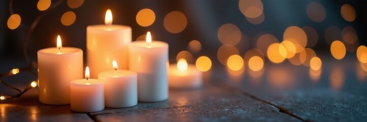 Cluster of white pillar candles and string lights, bokeh effect , night, warm light
