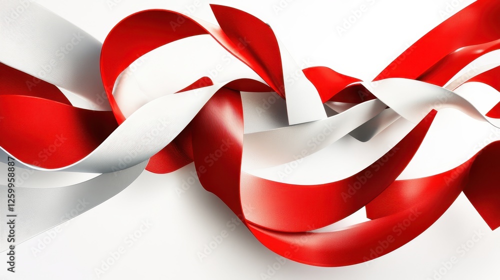 Poster flowing red and white ribbons create an abstract design